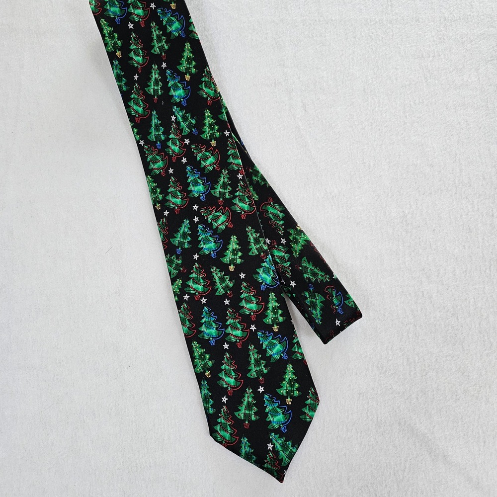 Holidays Mens Silk Christmas Tree Necktie Black Green Festive Holiday‎ Tie